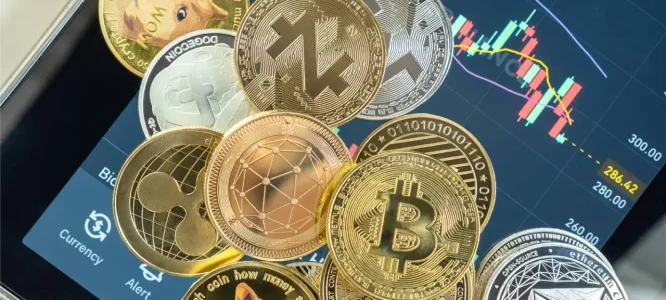 Various cryptocurrency coins displayed on a market chart.